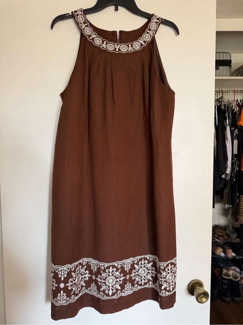 Jessica Howard Brown Midi Dress with White Embroidered Trim